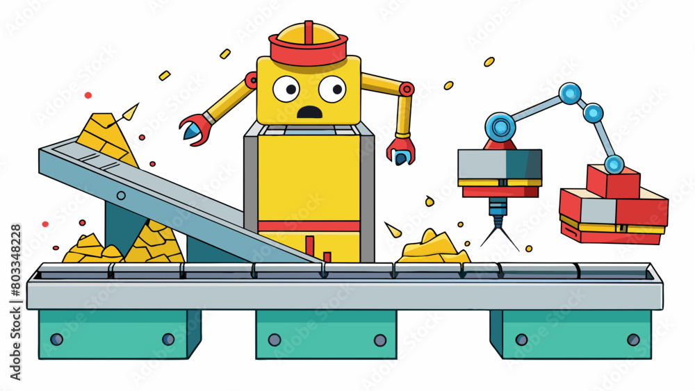 Aufkleber an assembly line robot is stuck midmotion its yellow metal arms frozen in place with sparks flying f