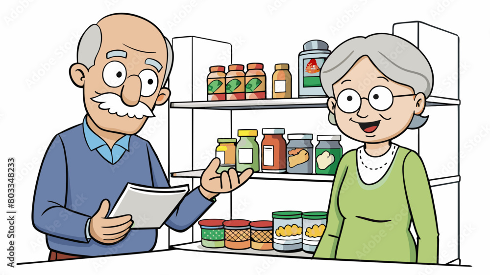 Poster an elderly couple carefully compares prices on a shelf of canned vegetables checking the expiration 