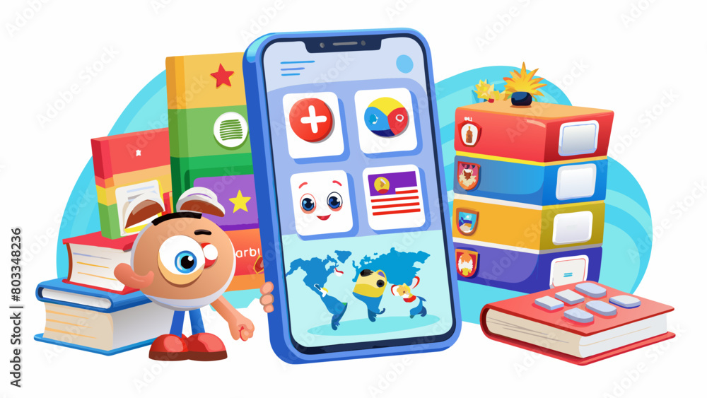 Poster An educational language learning app that offers lessons quizzes and games to help users improve their foreign language skills.. Cartoon Vector