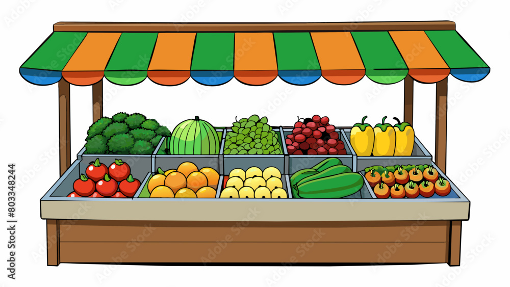 Poster An assortment of fruits and vegetables arranged on a market stand displaying the variety of produce grown and consumed by a specific population based. Cartoon Vector