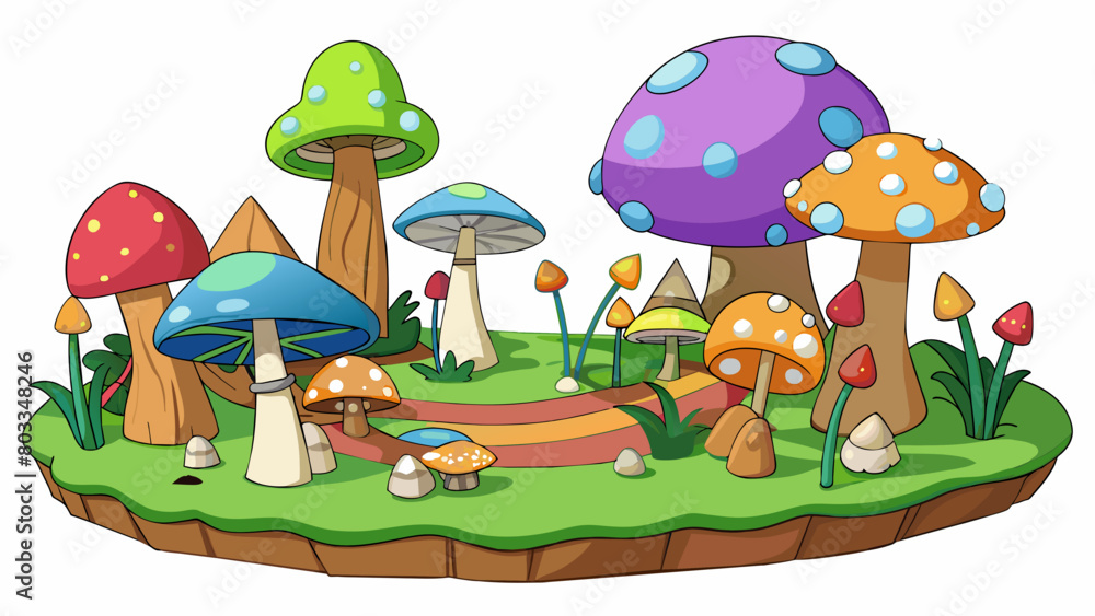 Poster An adventure game set in a magical forest where players must collect different types of mushrooms to progress through levels. The mushrooms come in. Cartoon Vector