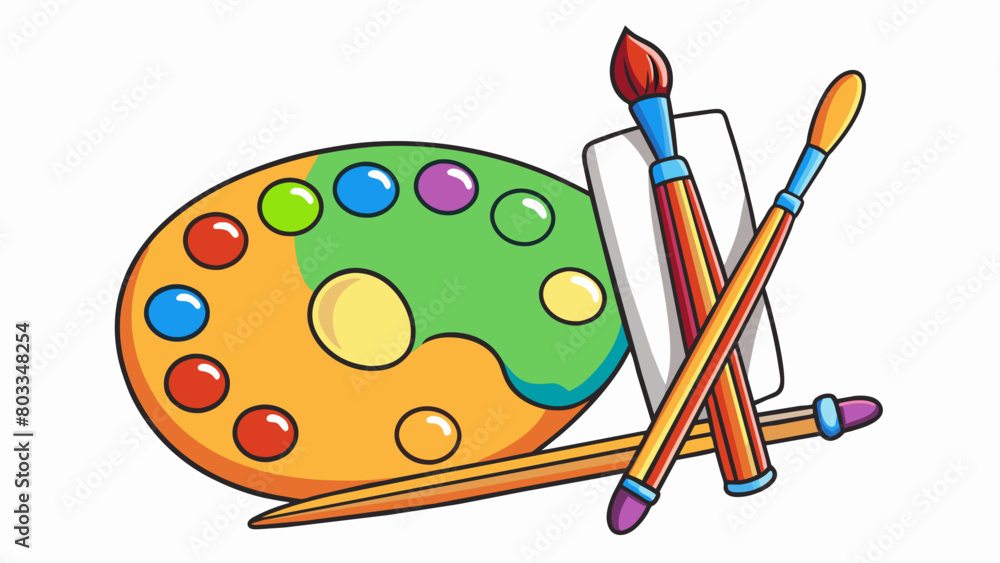 Aufkleber An empty canvas with paintbrushes and a palette of vibrant colors hinting at the endless possibilities of creating a beautiful work of art.. Cartoon Vector