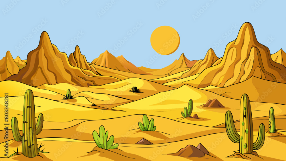 Poster an expansive desert its endless sand dunes rippled like soft waves. the sun beats down from the clou