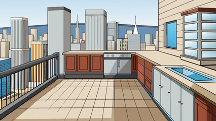 An apartment located on the top floor of a tall building with a balcony overlooking the city skyline. The walls are painted a light grey and the. Cartoon Vector