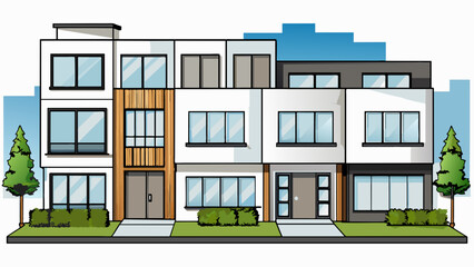 A newly built townhouse with a sleek and modern aesthetic. The exterior is made of smooth white panels and large windows allowing for plenty of. Cartoon Vector