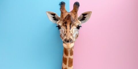 Cute giraffe on a pastel background, copy space banner, Concept: cute animal looking at the camera