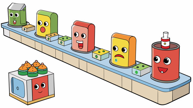 An assembly line of packaged food products moving under a powerful beam of electron radiation. The beams zap and kill any harmful bacteria on the. Cartoon Vector