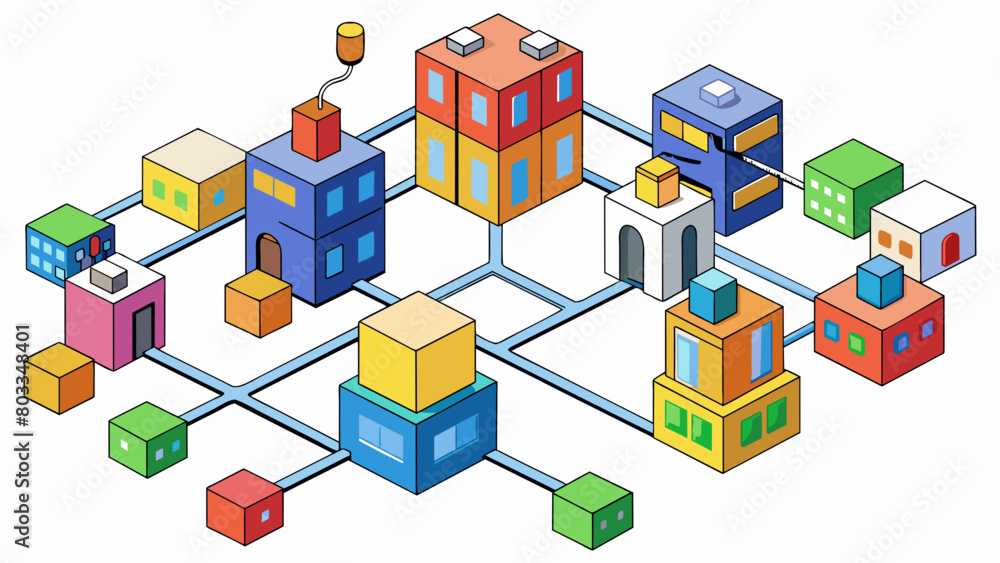 Poster An intricate city map made of colorful blocks with each block representing a different type of building or location. The blocks are connected by thin. Cartoon Vector