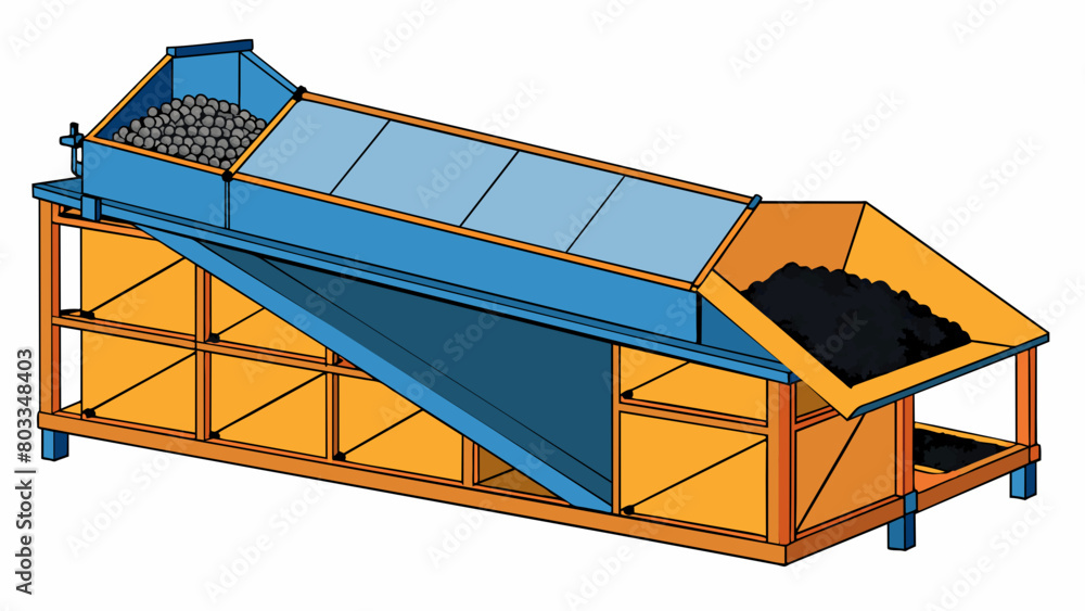 Aufkleber An industrial screener with a tall rectangular frame and a series of angled screens stacked inside. The raw materials are loaded into the top of the. Cartoon Vector
