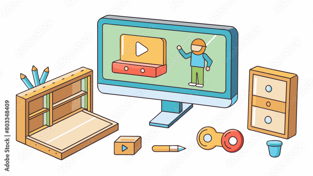 Poster an instructional video playing on a screen demonstrating stepbystep directions for assembling a piec