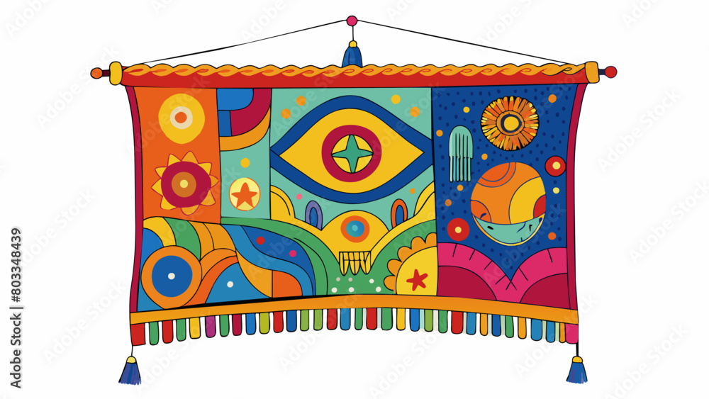 Aufkleber An intricately designed tapestry hangs on the wall featuring a vibrant array of colors and patterns. Each thread weaved together to create a. Cartoon Vector