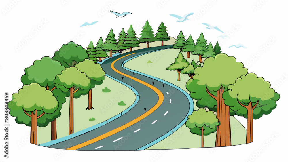 Poster An isolated highway winding through a dense forest. Towering trees line the sides of the road their branches intertwining above to create a shaded. Cartoon Vector