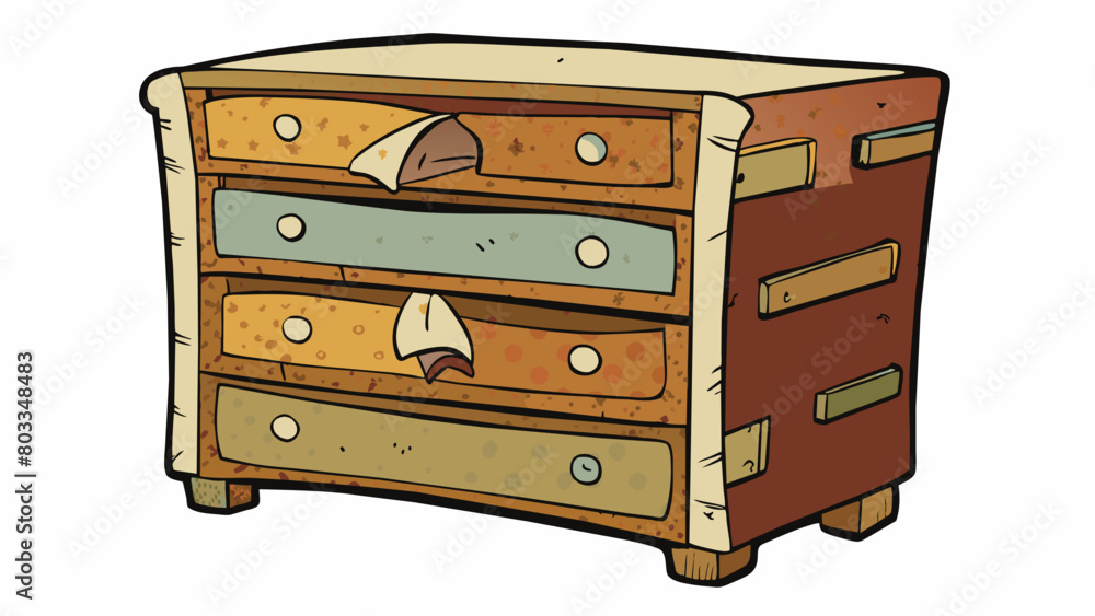 Aufkleber an old dresser drawer with chipped paint and a worn out handle. it has several layers of different w