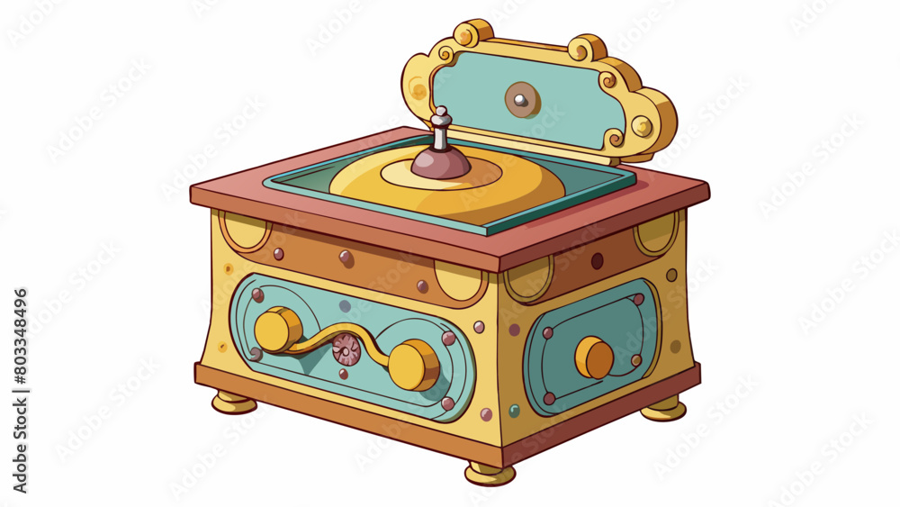 Poster An old music box with an intricate design its delicate tune filling the air as it slowly turns. The tune instantly transports you back in time. Cartoon Vector