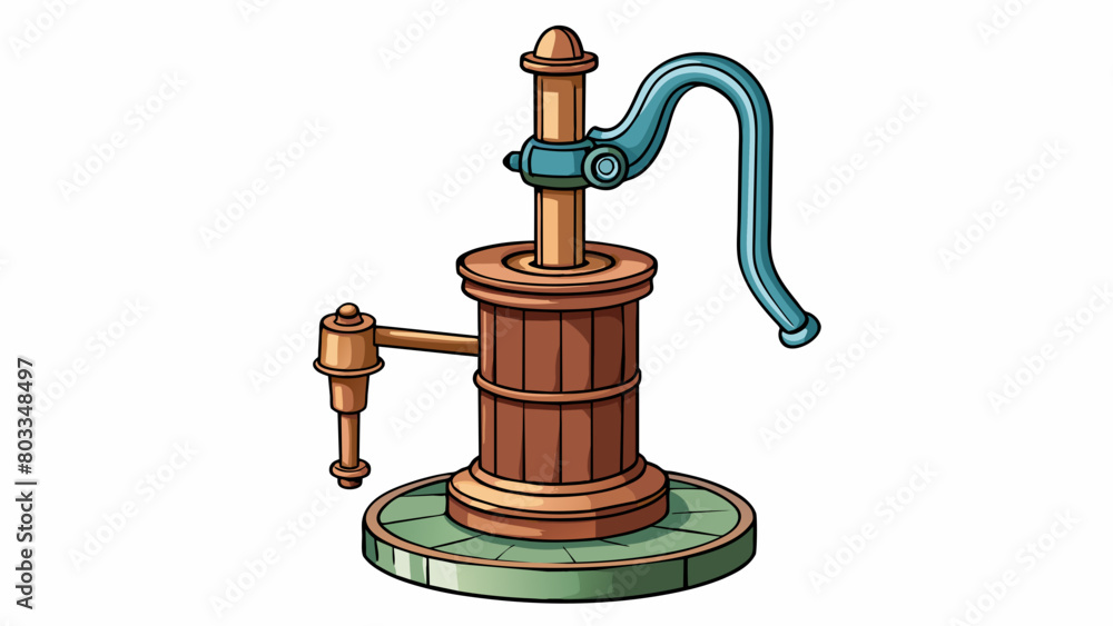 Poster an oldfashioned cast iron pump with a rustic appearance propped on a wooden support. it has a long m