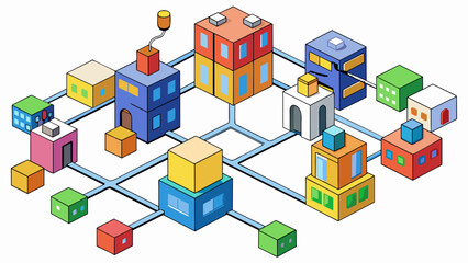 An intricate city map made of colorful blocks with each block representing a different type of building or location. The blocks are connected by thin. Cartoon Vector