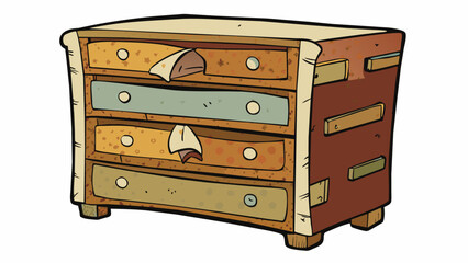 An old dresser drawer with chipped paint and a worn out handle. It has several layers of different wallpapers on the inside revealing its long. Cartoon Vector