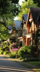 Colorful Victorian style homes with lush green landscaping