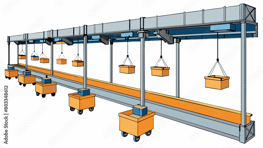 Poster an overhead conveyor system made up of a series of suspended metal trolleys moving along a track ins