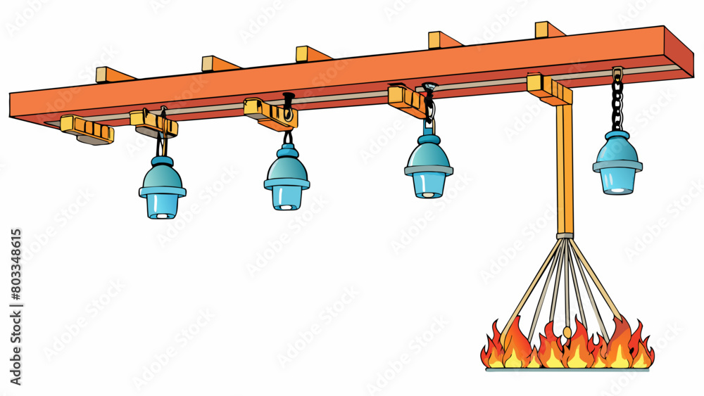Poster An overhead sprinkler system with multiple small nozzles attached to pipes along the ceiling. In the event of a fire the system is activated and. Cartoon Vector