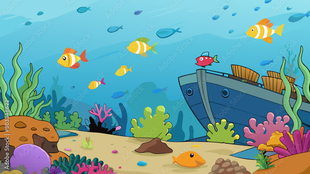 Aufkleber an underwater scene of a coral reef with a school of brightly colored fish swimming in the foregroun
