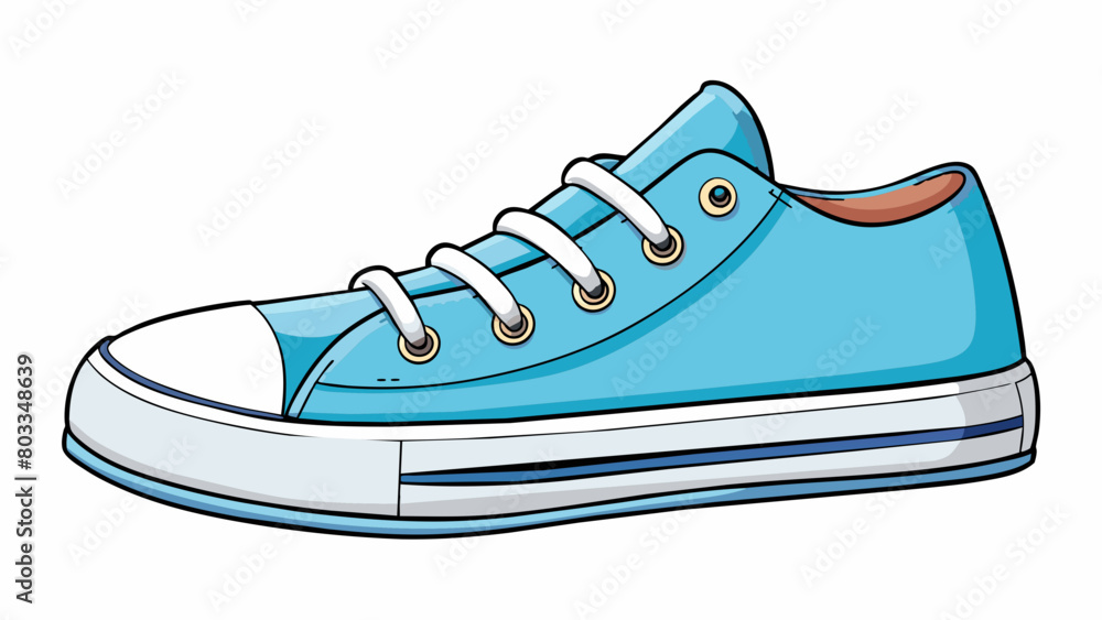 Poster a pair of canvas sneakers in a shade of light blue. they have white laces and a rubber sole with a s