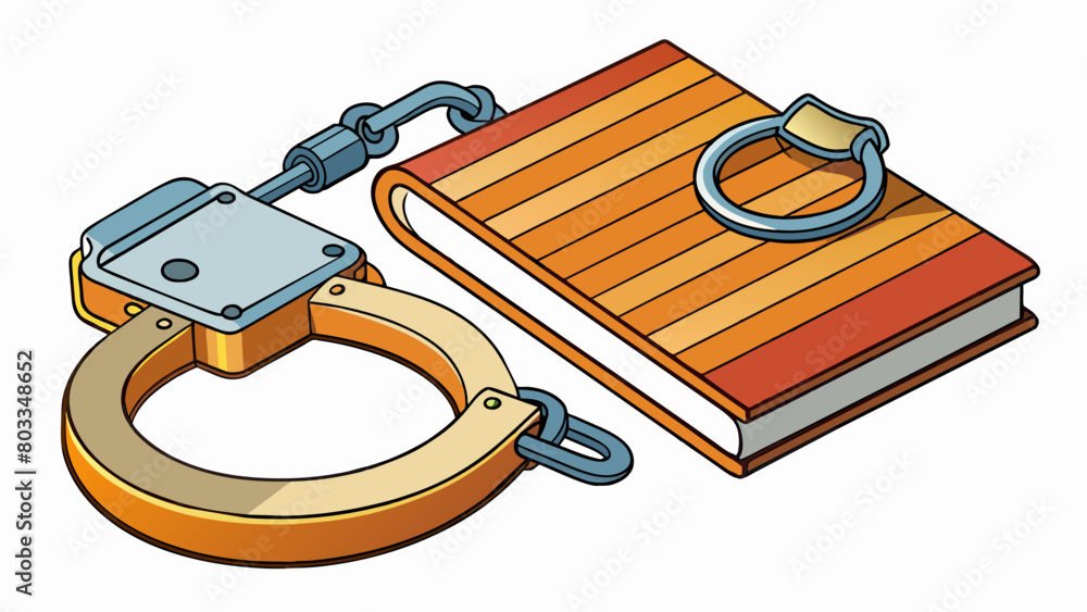 Poster a pair of handcuffs on a table next to a book labeled laws symbolizing the penalty of being arrested