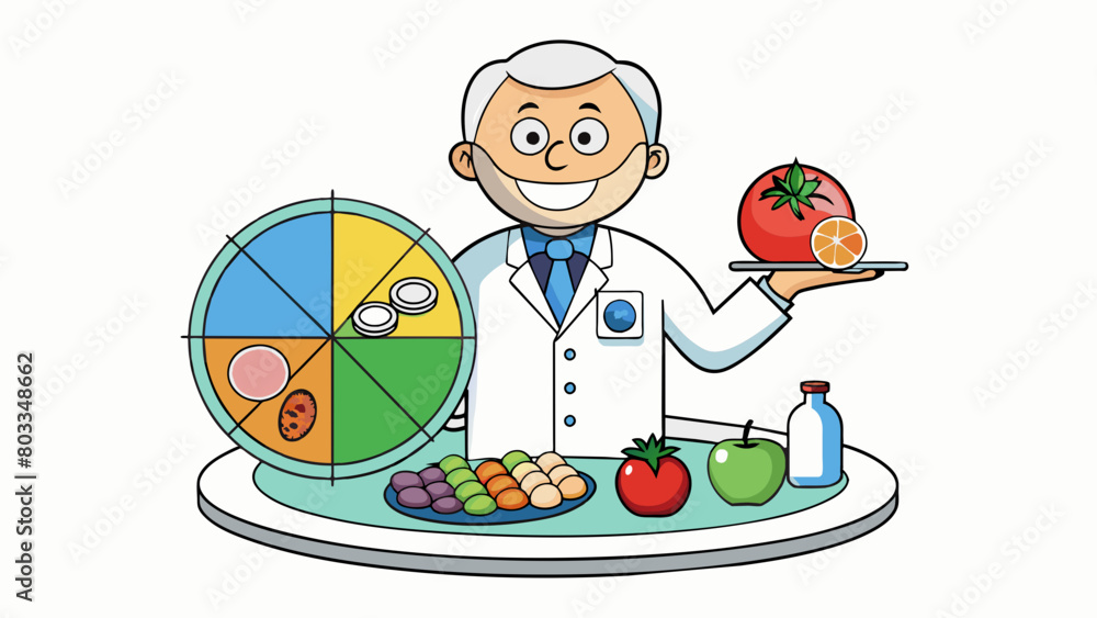 Poster A nutritionist analyzing a plate of food noting the different food groups represented and the proportions of each. The plate contains a mix of. Cartoon Vector