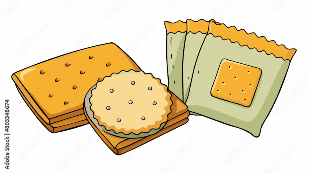 Aufkleber A packaged food sample featuring several types of crackers. The first cracker is a thin crispy square with a salted top and a slightly burnt edge. The. Cartoon Vector