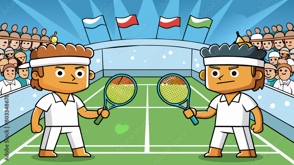 Poster A pair of players wearing matching white attire and headbands stand on opposites sides of a crowded stadium surrounded by cheering fans. The sound of. Cartoon Vector