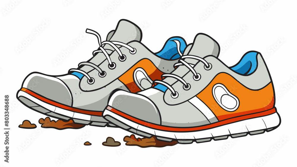 Poster a pair of worn running shoes up and ready to hit the pavement. the scuff marks and worn treads tell 