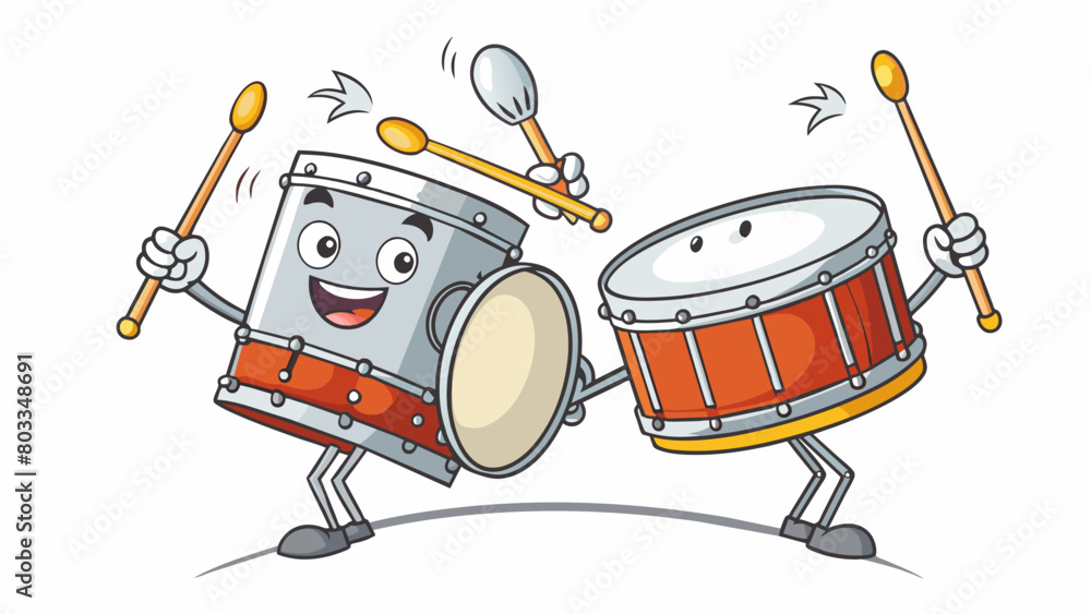 Aufkleber A pair of silver drumsticks moving with lightning speed and precision pounding on the surface of a drum set. They create a rhythmic pattern that makes. Cartoon Vector