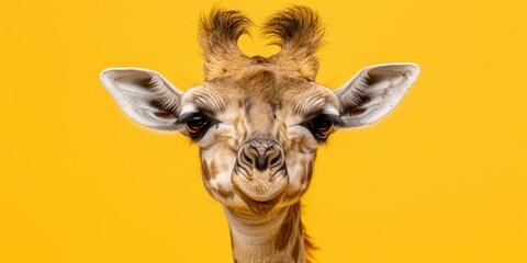 giraffe with glasses on a yellow background with copy space, banner of a cute animal with a funny...