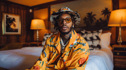 Obraz premium Rich rap artist in hotel room