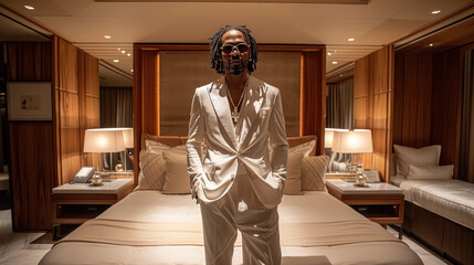 Rich rap artist in hotel room
