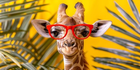 giraffe with glasses on a yellow background with copy space, banner of a cute animal with a funny facial expression. Concept: postcard, promotion