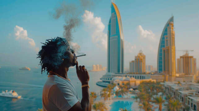 Young rapper smoking marijuana on sea resort