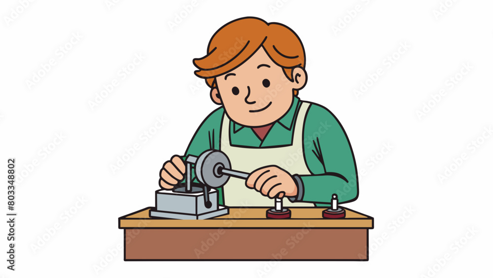 Poster a person sitting at a table with a small handheld grinder in front of them. they carefully hold a sm
