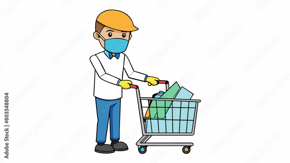 Poster a person wearing gloves and a face mask while wiping down the handle of a grocery cart with a saniti