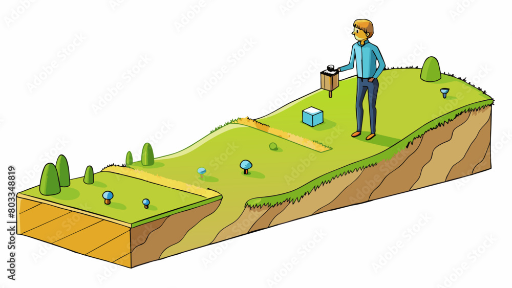 Poster A person standing on a hilltop can see the landscape below gradually receding into the distance with objects becoming smaller and less detailed.. Cartoon Vector