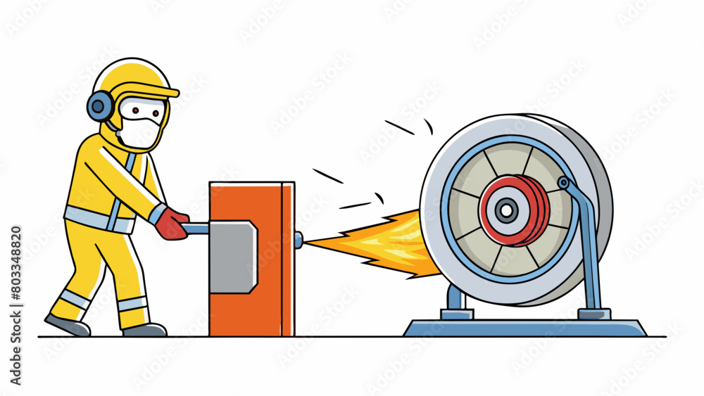 Poster a person wearing protective gear standing in front of a large industrial machine with a rotating whe