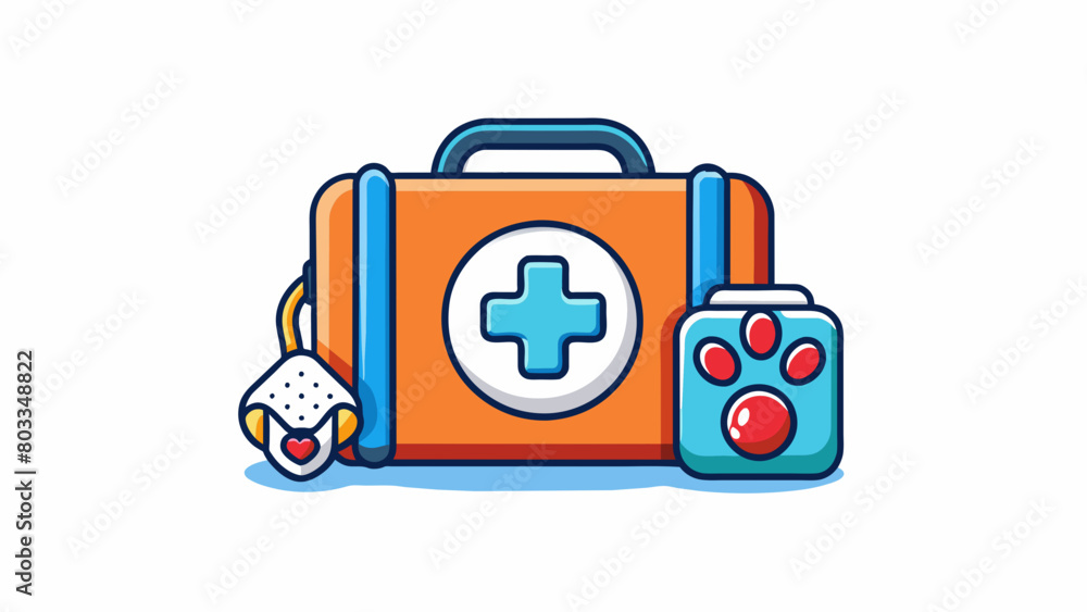 Poster A pet first aid kit with a pawprint pattern and a picture of a dog on the front. It has items specifically for pets such as flea and tick medication a. Cartoon Vector