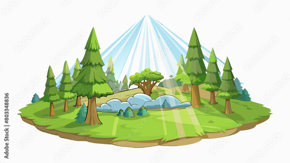 Aufkleber A photograph capturing a serene landscape with a misty forest soft rays of sunlight filtering through the trees.. Cartoon Vector