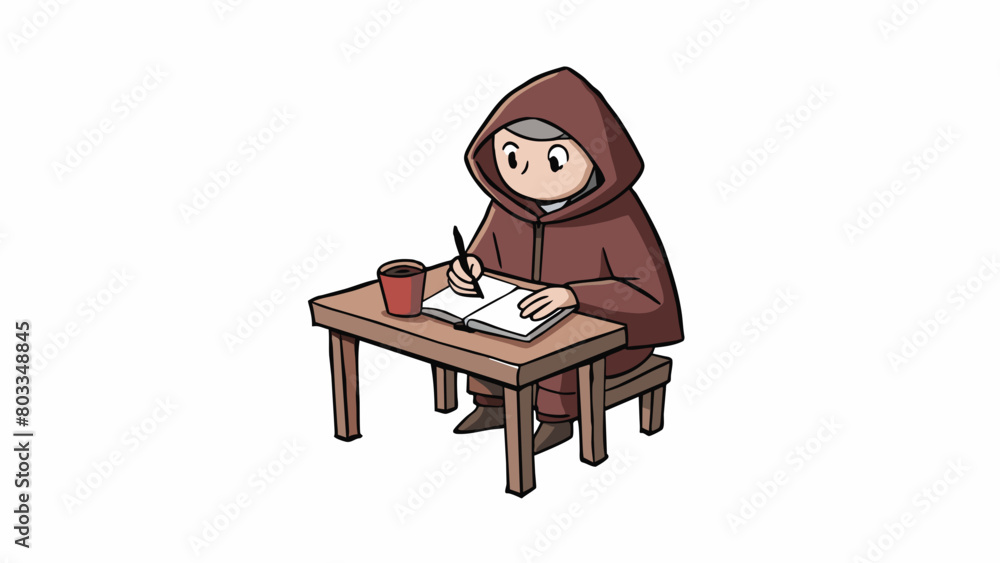 Poster a person who always wears a hooded cloak obscuring their face in shadows. they are often seen sittin