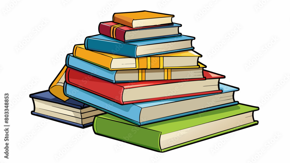 Poster A pile of books stacked high each one representing a different topic or story depicting the limitless possibilities of gaining knowledge and expanding. Cartoon Vector