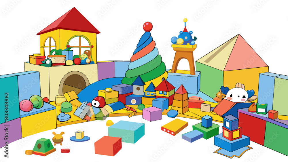 Poster a picture of a childs playroom filled with a chaotic jumble of toys stuffed animals and brightly col