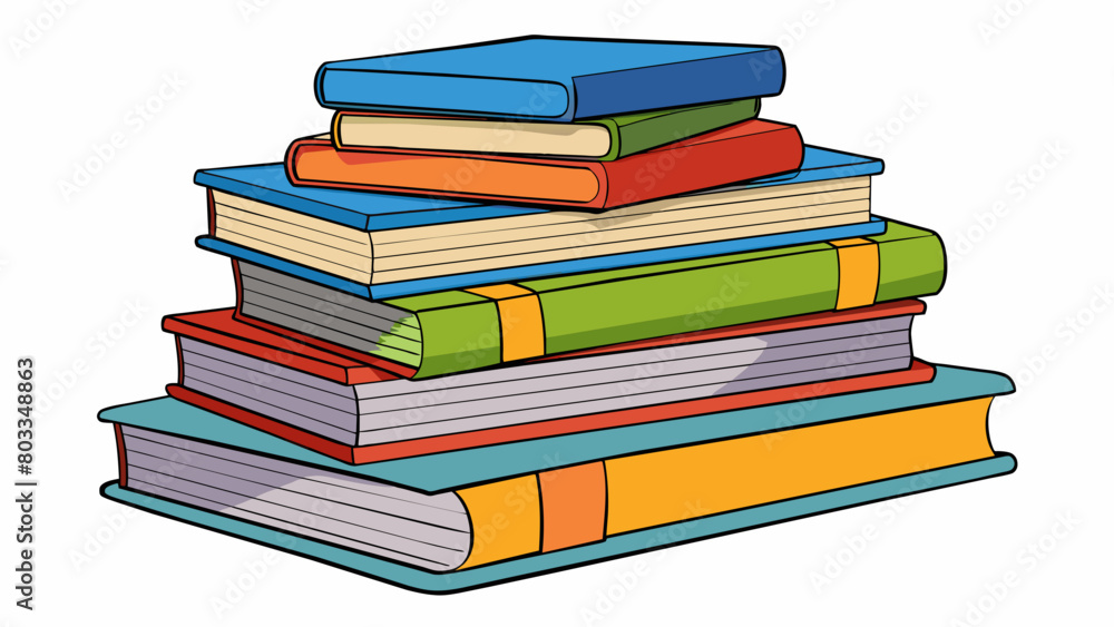 Poster A pile of books stacked on a table with each one labeled and categorized by genre. Some have creased spines or dogeared pages from being read while. Cartoon Vector