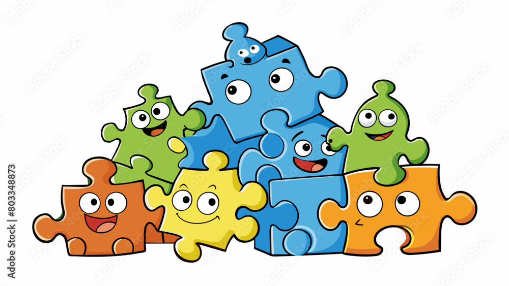 Poster A pile of tered puzzle pieces coming together to form a new picture illustrating a shift in perception and understanding.. Cartoon Vector