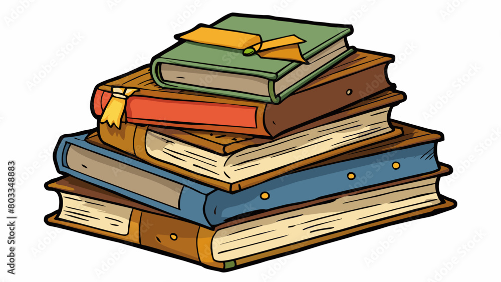 Poster A pile of wellworn books stacked on a shelf each one representing a different story and a different memory. Some pages dogeared others highlighted and. Cartoon Vector
