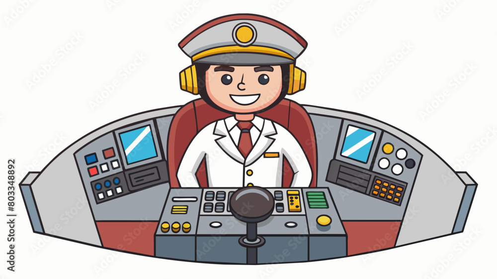 Poster A pilot in the pit of an airplane preparing for takeoff. The pit is filled with buttons switches and screens and the pilot is using a control wheel. Cartoon Vector